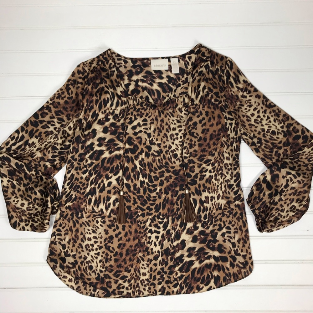 Chico’s Animal Print Blouse with Tassels S…